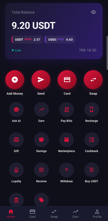 Home screen: balance, quick actions, recent activity
